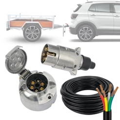Kit Tomada Engate Reboque Alumínio Completa 6 Polos + 5m Cabo PP 6 Vias Carro Cavalo Mecânico