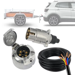 Kit Tomada Engate 6 Polos Carretinha Cromado + 5m Cabo PP 5x1mm Reboque Qualidade Carros Bivolt