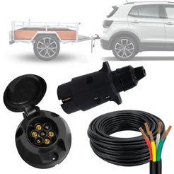 Kit Tomada Engate Reboque 7 Polos Macho Fêmea Carretinha Carreta 12v Com 5m De Cabo PP 5x1mm