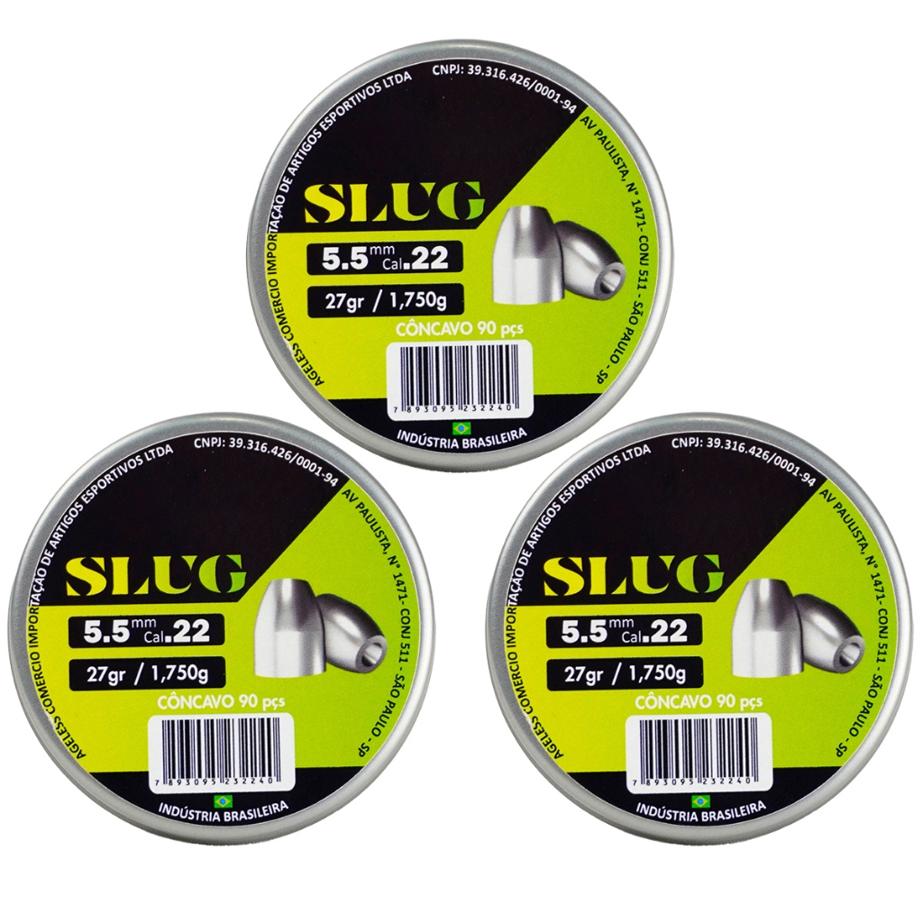 Kit 3 Chumbinho Slug 5.5mm 1,75g 90 Unidades - Virtus - Sports & Outdoors