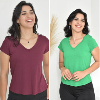 Kit 2 Blusas Básicas Feminina Em Viscolycra Manga Curta  Gola V Baby Look T-Shirt em Oferta na Shopee