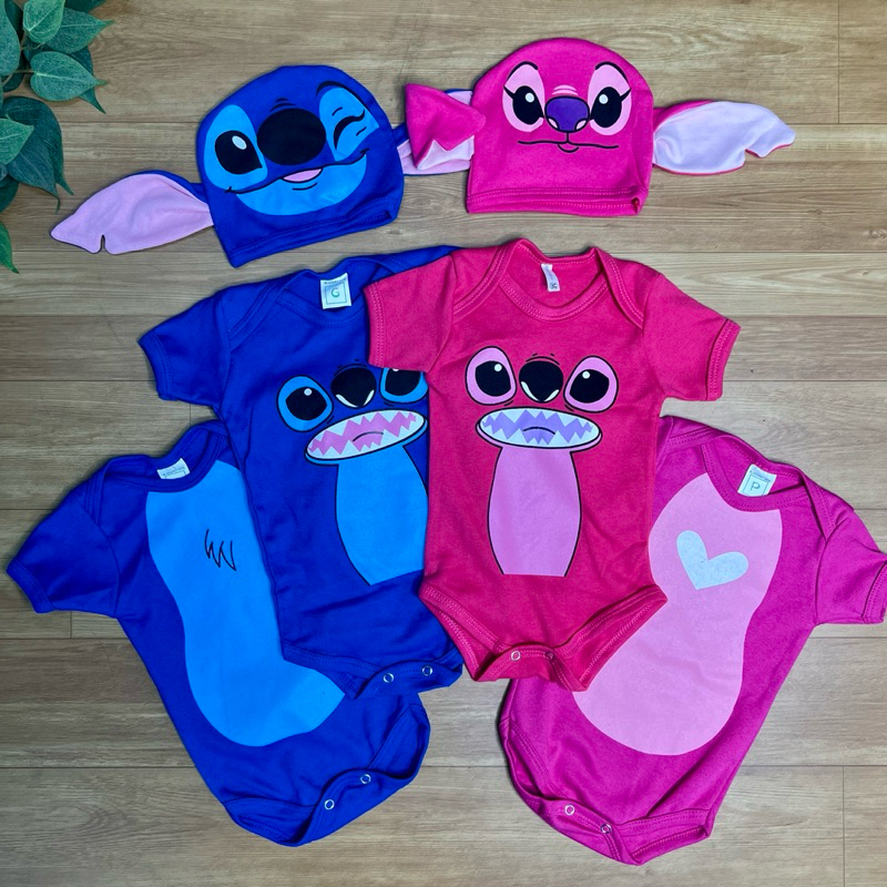 Body Temático bebê Lillo Stitch Menino Menina opção com Touca Mesversário
