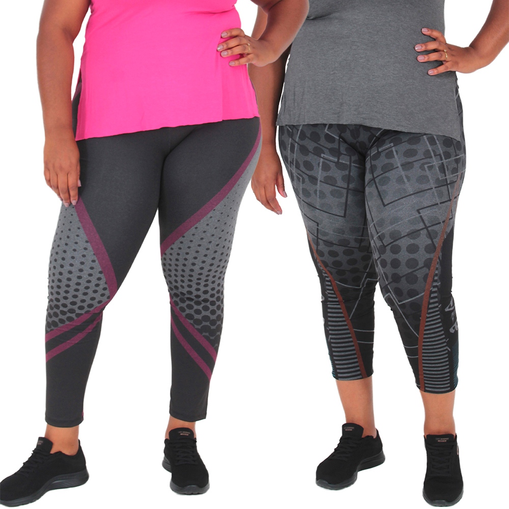 Kit 2 Leggings Plus Size Cintura Alta Mescla Sublimada Zero Transparência