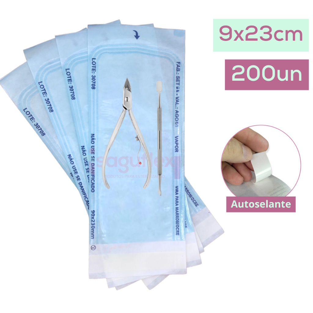 Envelope esterilização autoclave 9x23cm c/200 un autosselante manicure podologia alicate c...