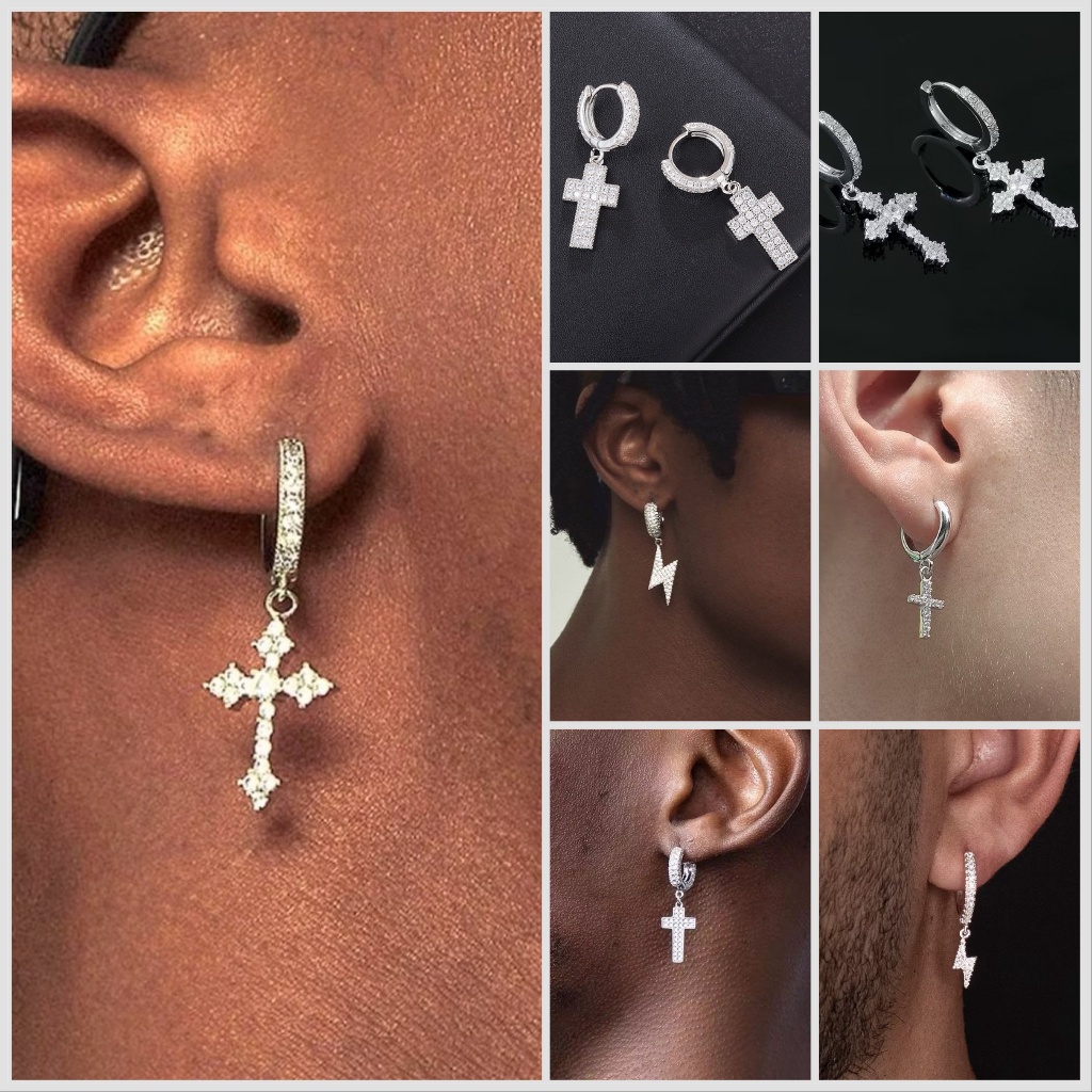 Brincos Masculino Argola de Cruz Prata com Cravejado Zirconia 5A Hip pop Masculino Feminino em Oferta na Shopee