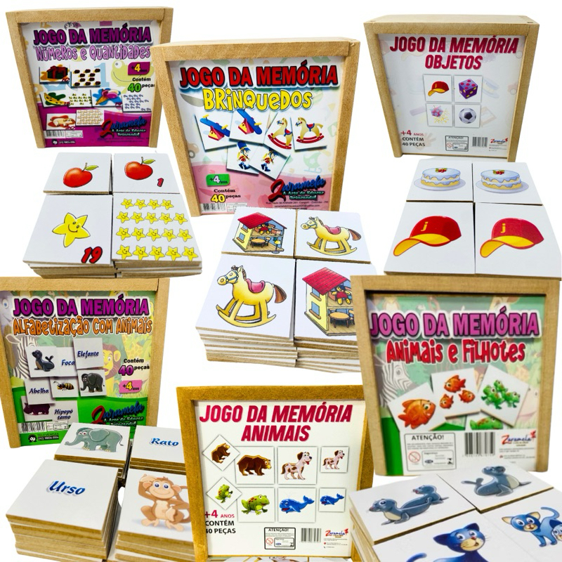 Saldão Jogo da Memória  40 peças Madeira Animais e Filhotes, Objetos, Brinquedos, Alfabetização, Números e Quantidades
