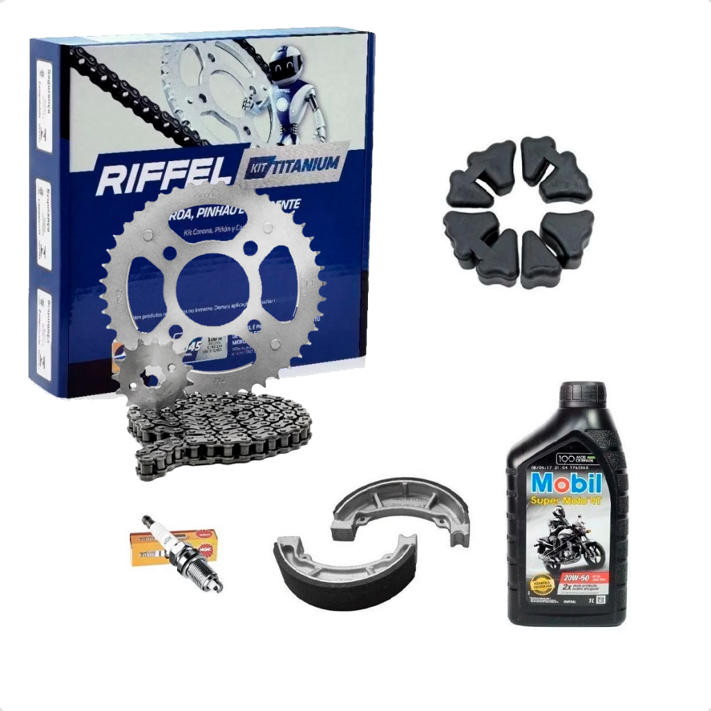 Kit Relação Titan 150 Fan Riffel Vela Bucha Coroa Lona Óleo 20w50 Mobil