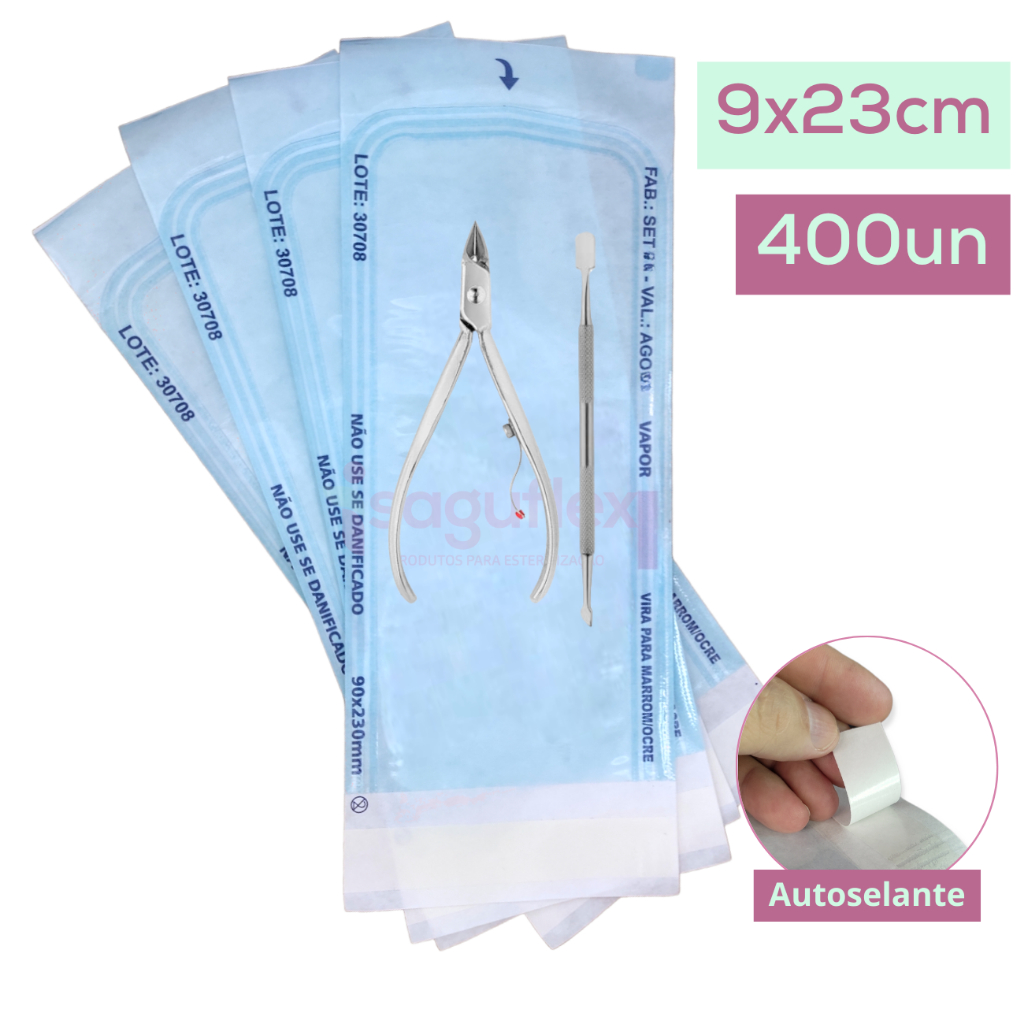 Kit 400 unidades Envelope Esterilização Alicate Cuticula Autoclave 9×23 cm Manicure Pedicure