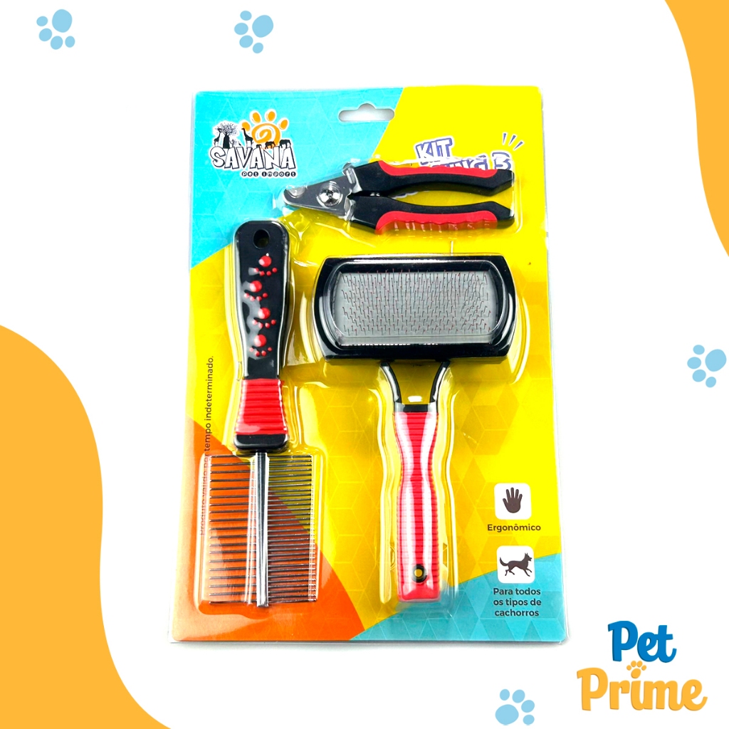 Kit Higiene e Cuidados Pet 3 Peças Escova Pente e Cortador Savana Pet