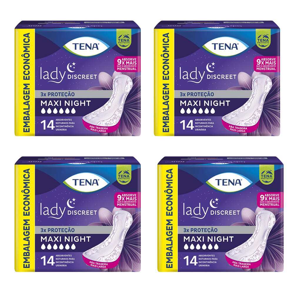 Kit Com 4 Absorvente Geriátrico Adulto Tena Lady Discreet Maxi Night 14 Unid