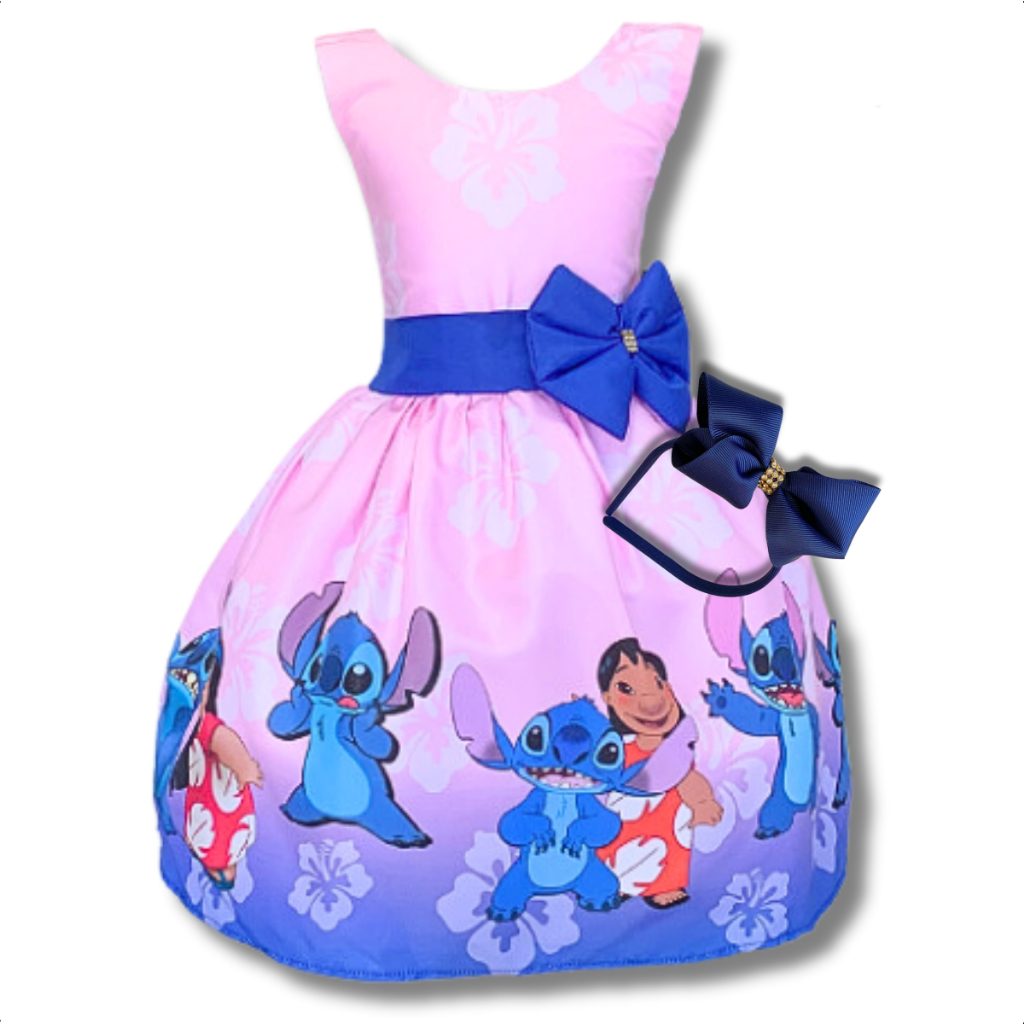 Vestido Infantil Temático Lilo E Stitch Regata com Armação de Tule e Laço Ajustável