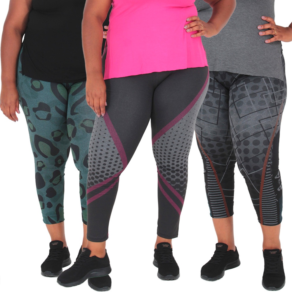 Kit 3 Leggings Plus Size Mescla Sublimada Cintura Alta Compressão G1 e G2 em Oferta na Shopee