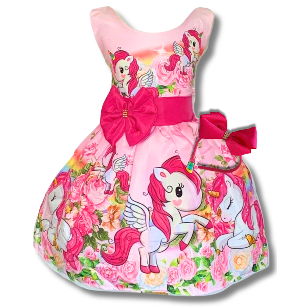 Vestido Infantil Temático Unicórnio Cute com Armação de Tule e Laço Ajustável