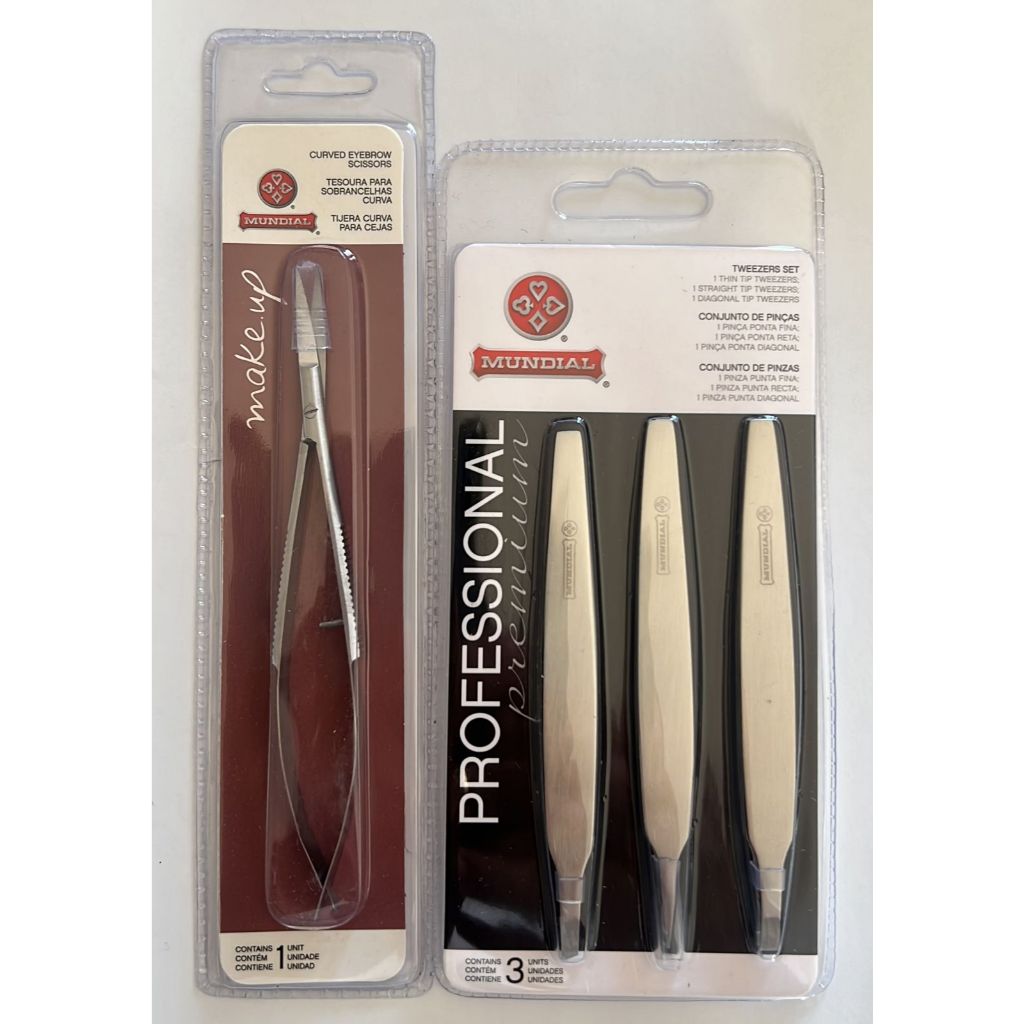 Tesoura sobrancelha curva bc-702 + kit 3 pinça mundial prof inox bc-394