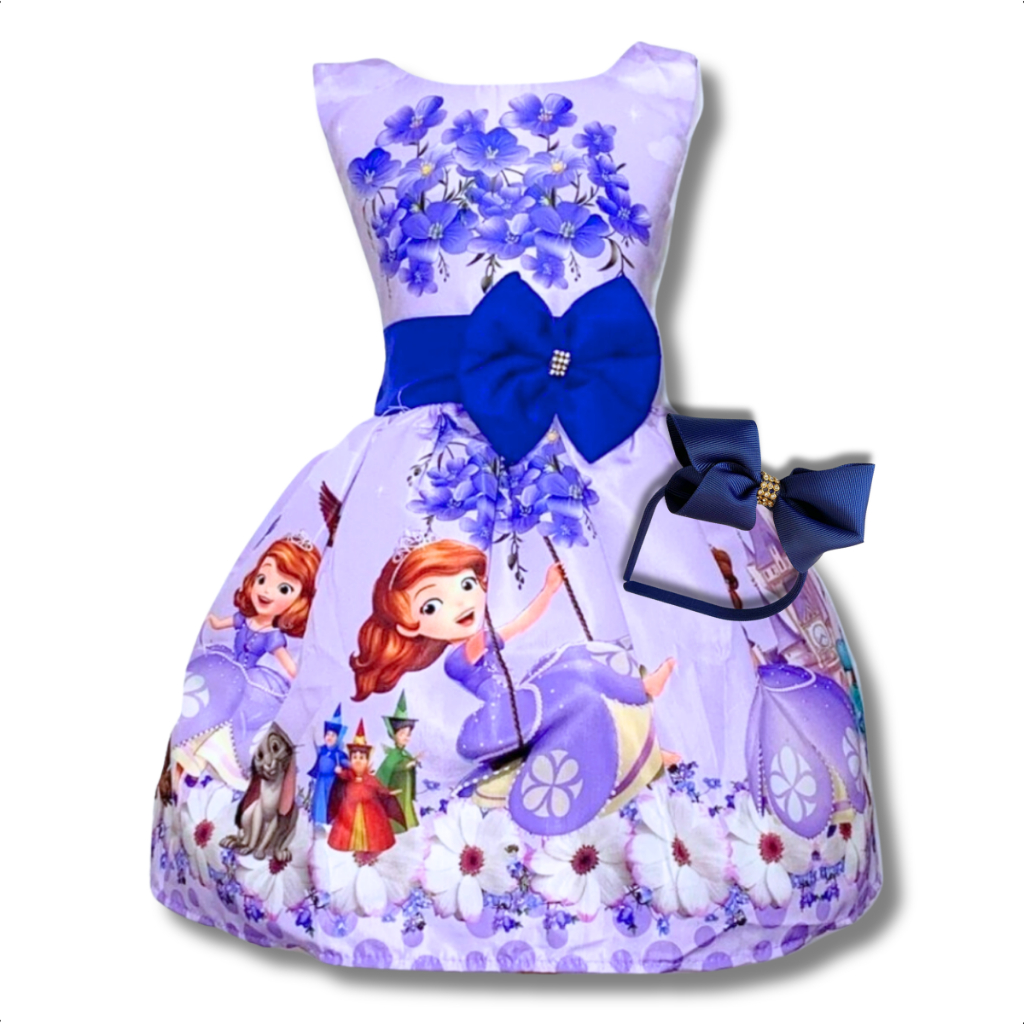 Vestido Infantil Temático Princesa Sofia Luxo Regata com Armação de Tule e Laço Ajustável