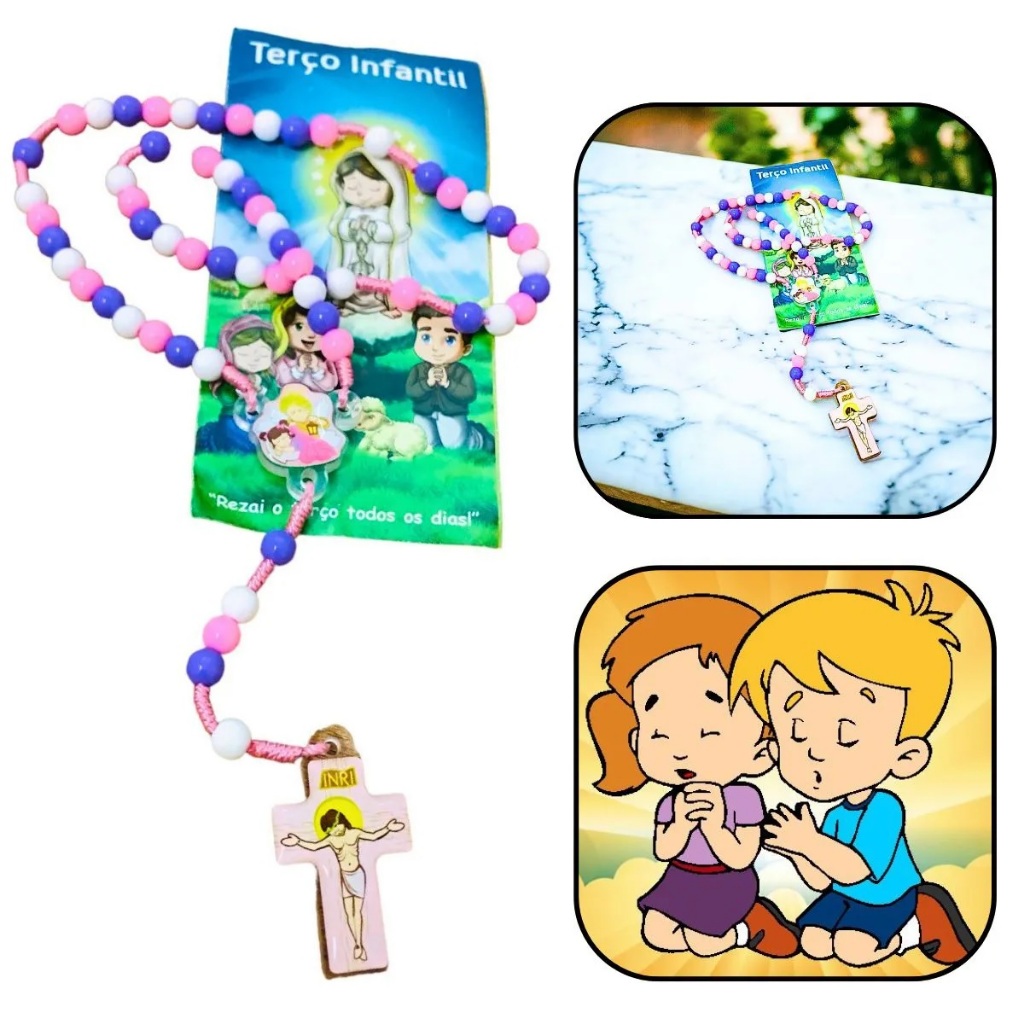 Terço Infantil Para Crianças Rosa No Cordão Com Folheto