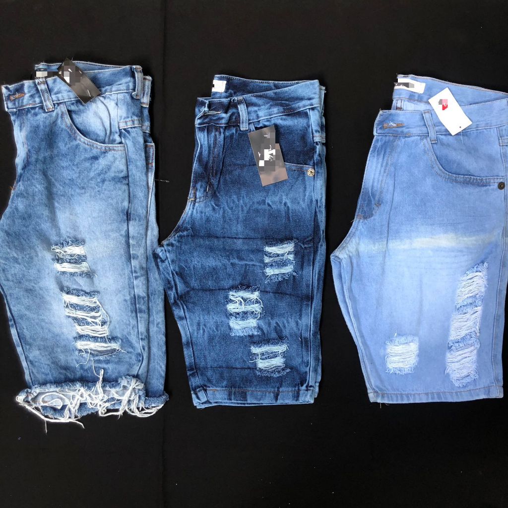 Kit 3 Bermudas Jeans Masculina lycra Elastano Ajustavel / Short Rasgadinho Estiloso Destroyed