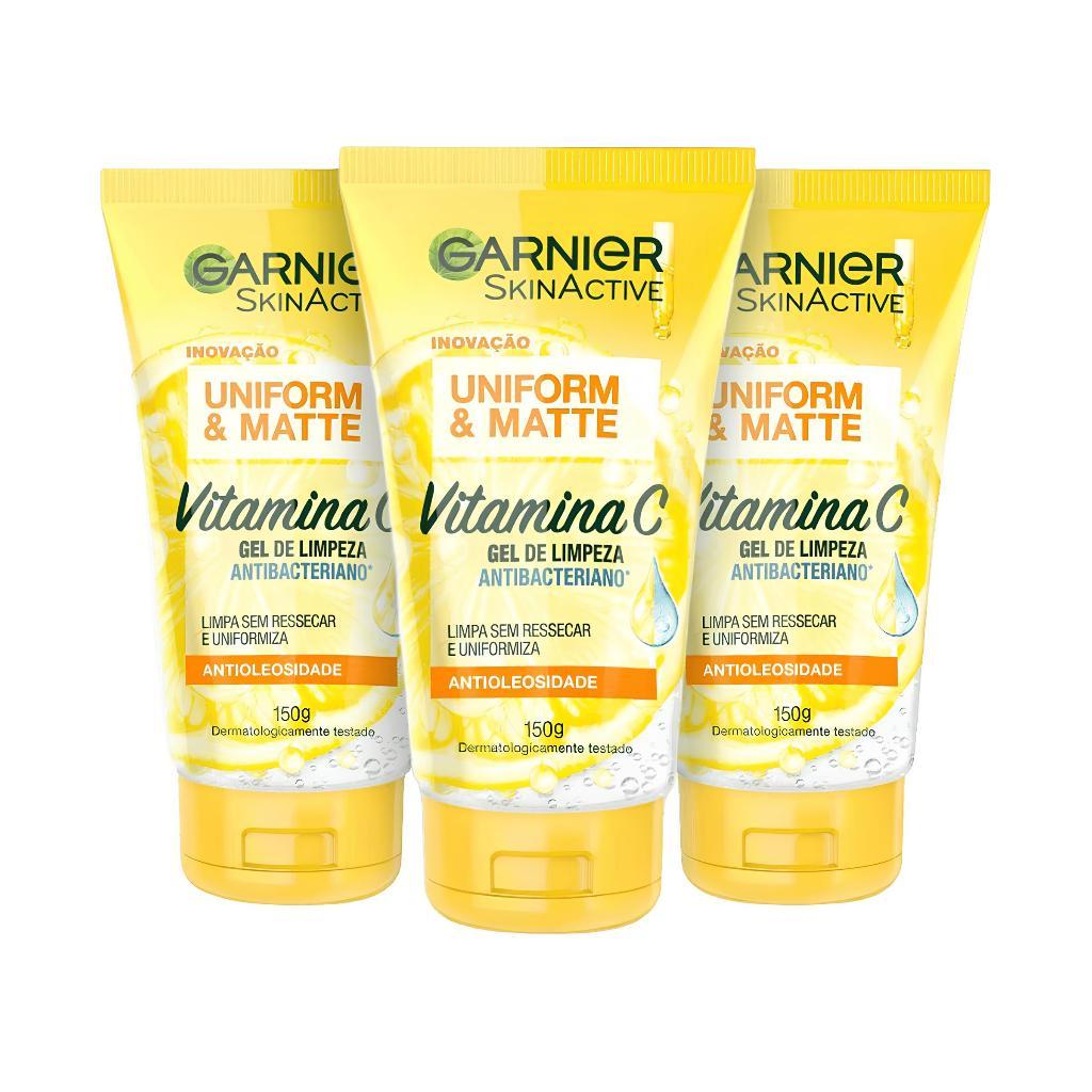 Kit 3 Gel de Limpeza Facial Antibacteriano Garnier Uniform & Matte Vitamina C, 150ml