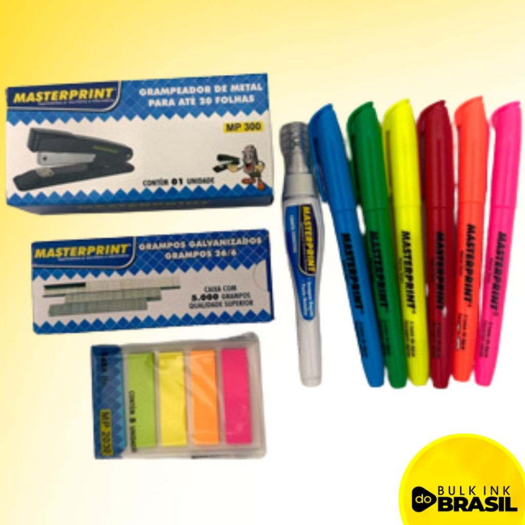 Kit Escolar Marca Texto Neon, Grampeador, Grampos, Caneta Corretiva, Bloco Adesivo