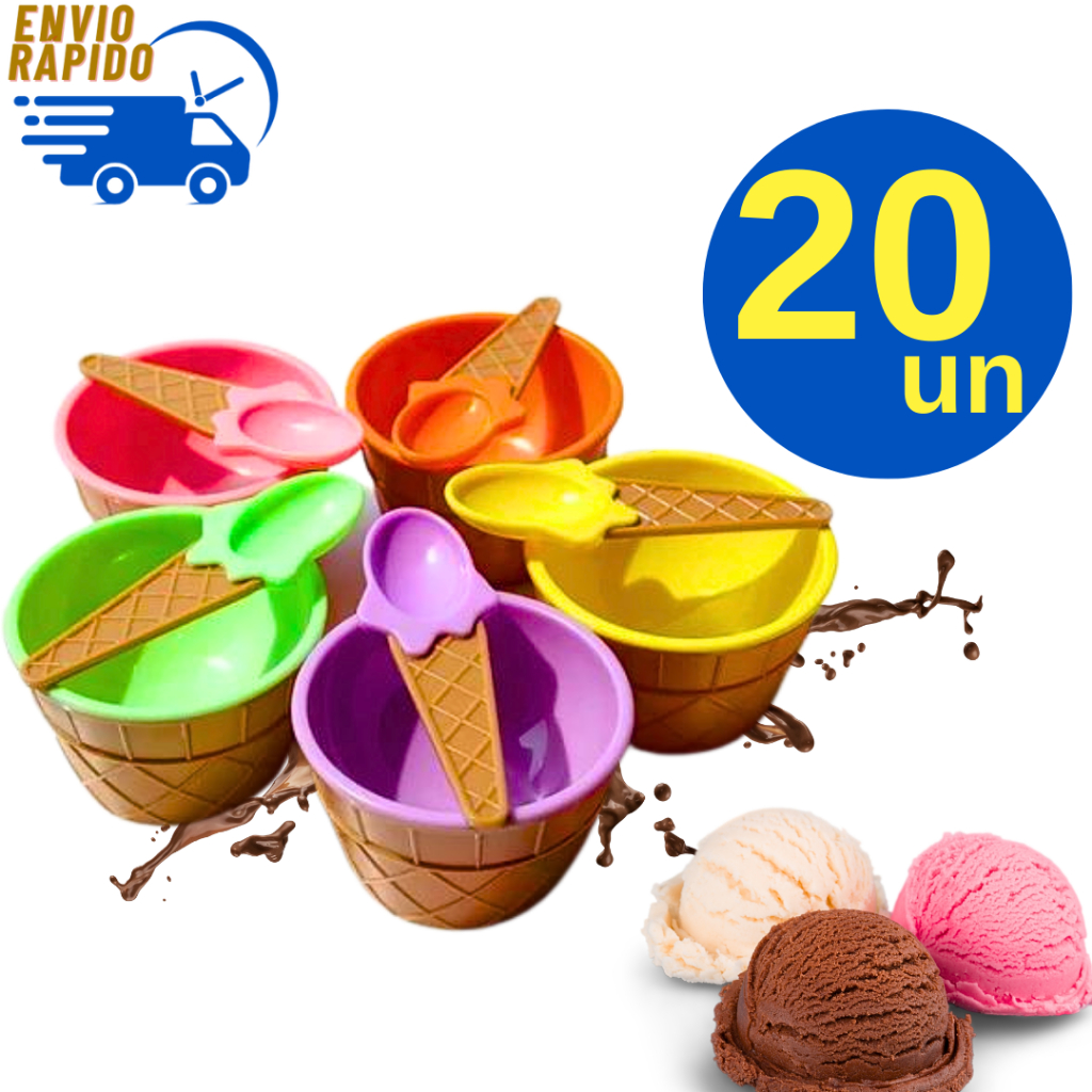 Kit 20 Pote Bowl Sobremesa Sorvete Com Colher Colorido Formato Casquinha Sorveteria Lanchonete Lembrancinha Natal