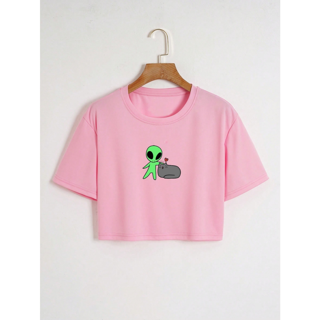 Blusinha Cropped Feminino T-shirt Algodão Alien E Gatinho