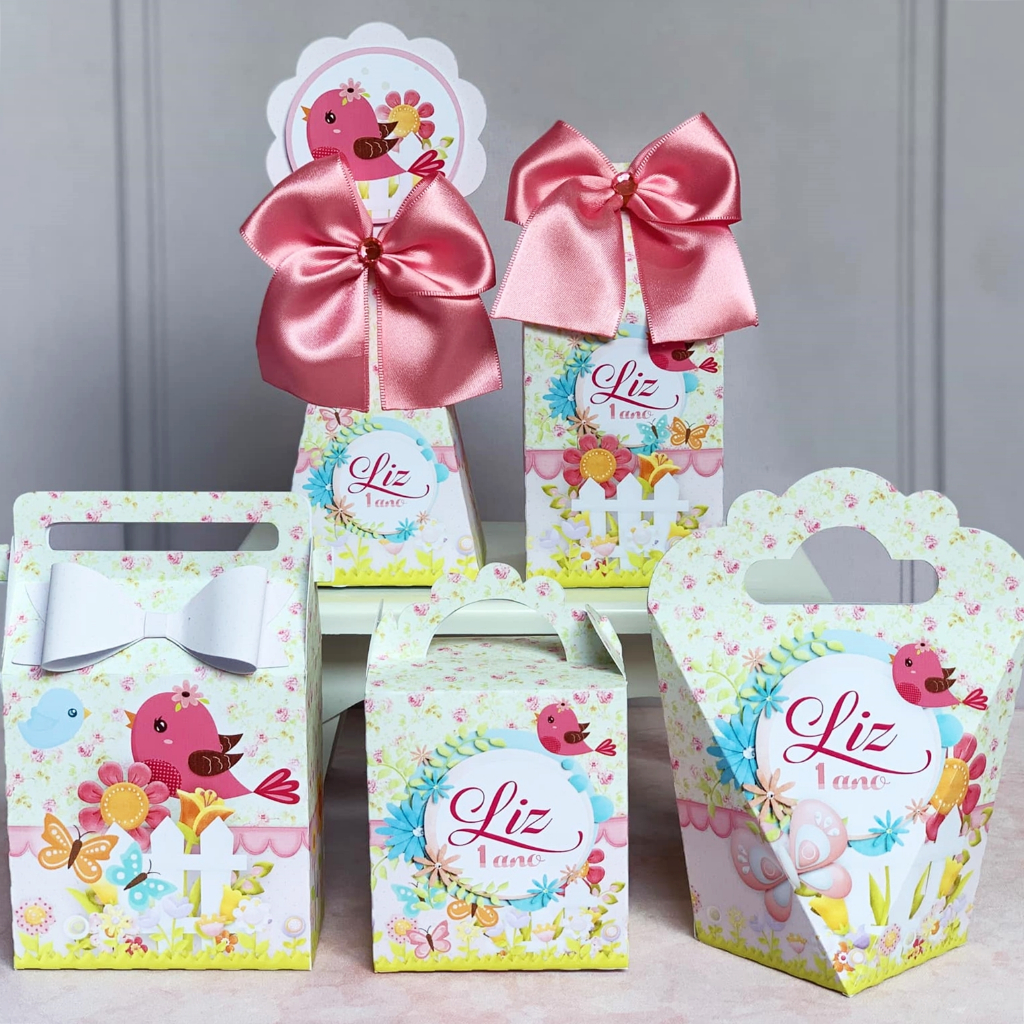 Kit Personalizados caixas pássaros Jardim Encantado Caixinha Aniversário Lembrancinha Pegue e Monte