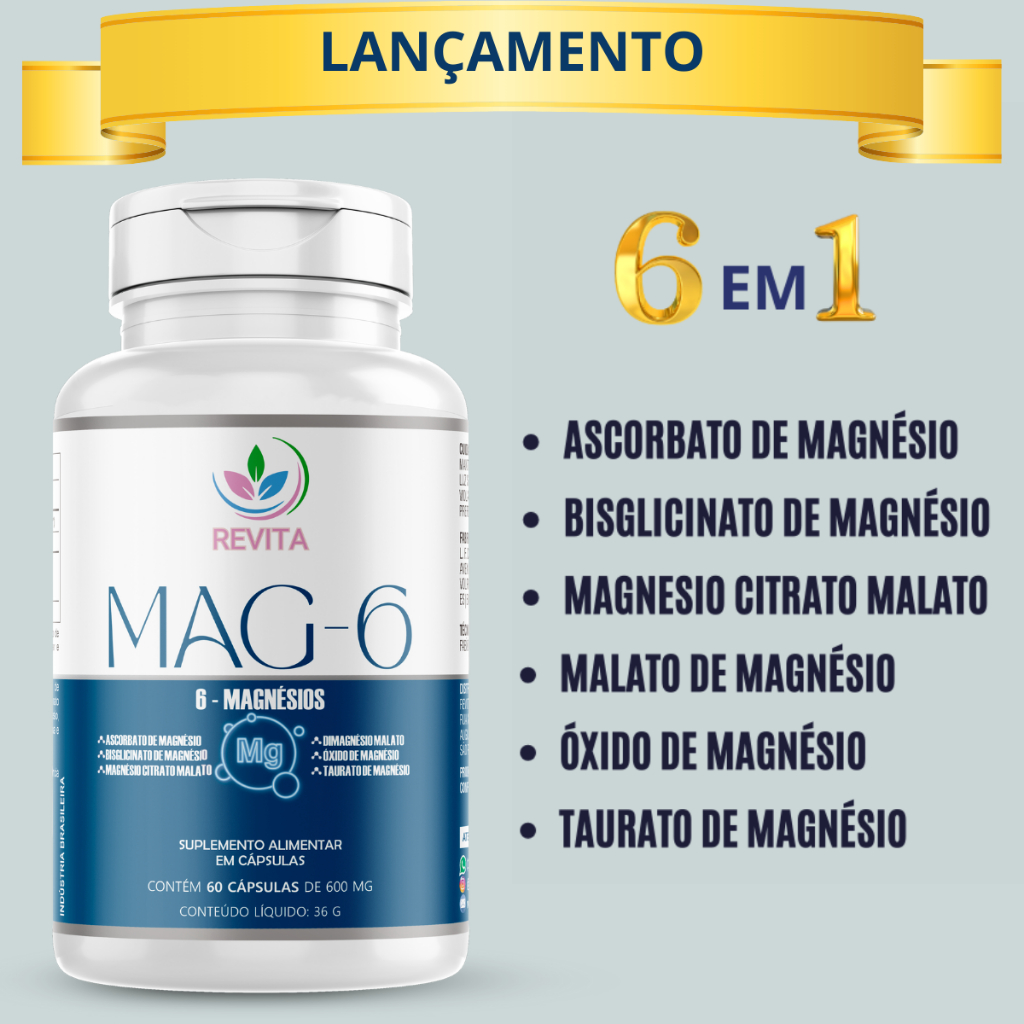 6 MAGNÉSIOS 600 MG 60 CAPSULAS MAGNÉSIO MALATO TAURATO ÓXIDO DE MAGNESIO CITRATO BISGLICINATO ASCORBATO DE MAGNESIO