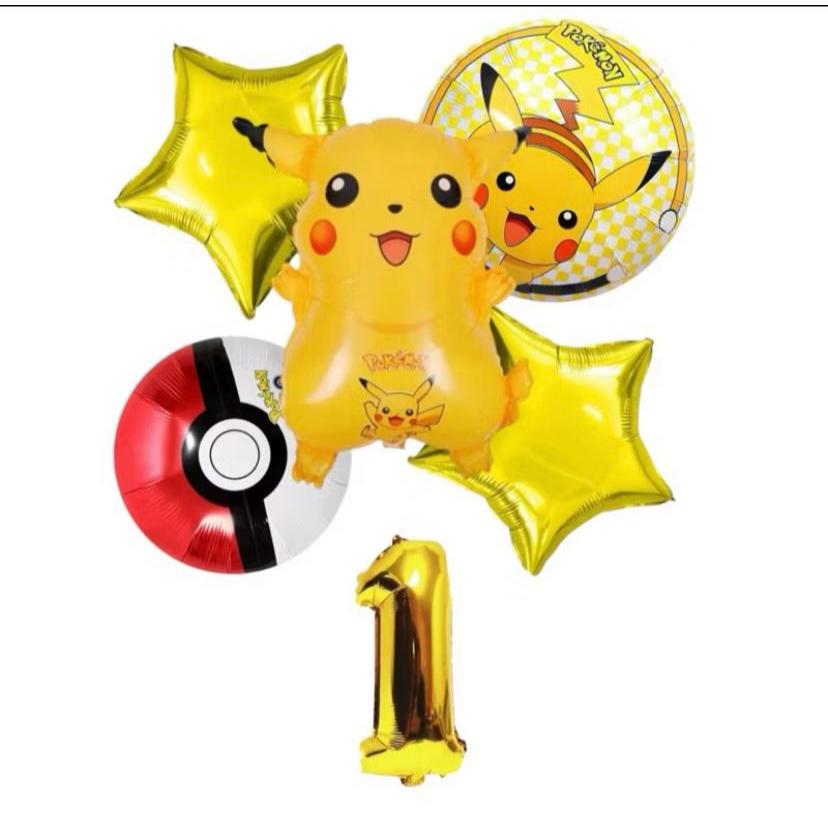 kit C/6 Balão Metalizado Decoração Pokemon Pikachu/Pokebola+Número 40Cm