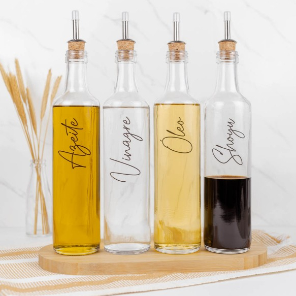 Galheteiro de Vidro 525ml com Bico Dosador Cortiça | Azeite / Vinagre / Óleo / Shoyu / Pimenta / Kit