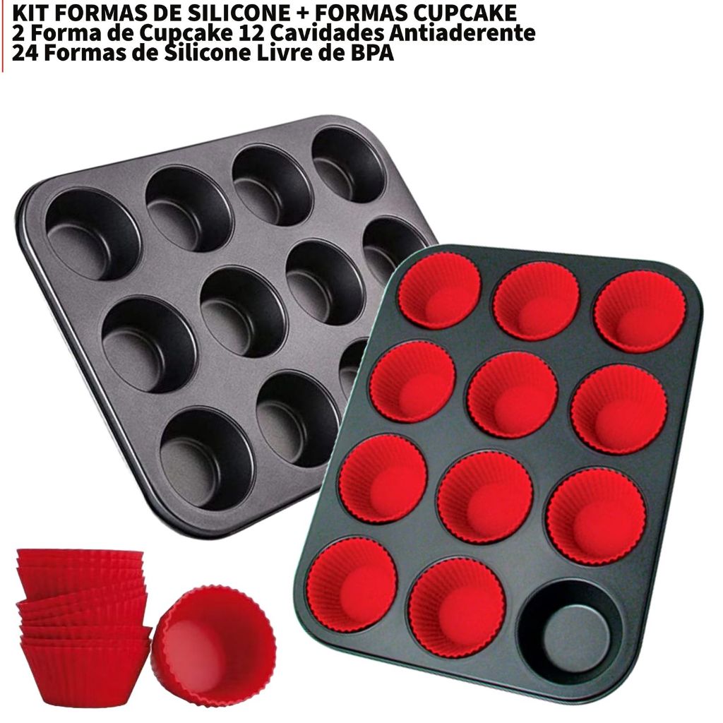 24 Forminhas de Silicone + 2 Formas Assadeira Cupcake Antiaderente Grande 12 Cavidades Pão...