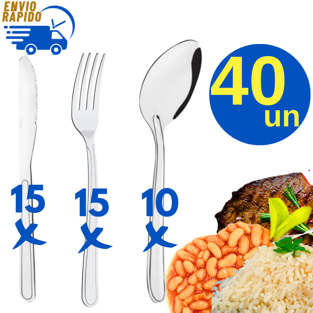 Kit 40 Peças Talher Aço Inox 15 Garfo + 15 Faca + 10 Colher de Sopa para Casas Restaurantes Padaria Bar Pizzaria Buffet