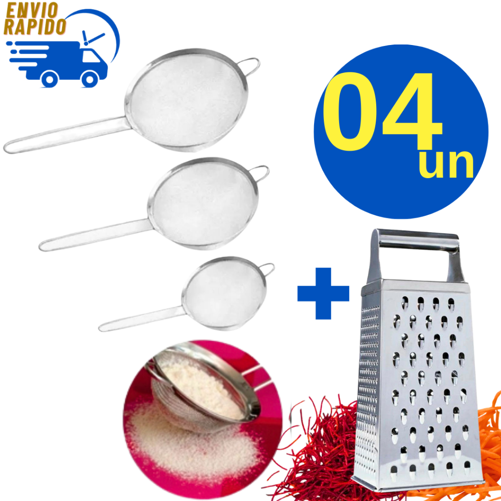 Kit 4 Peneira Coador Aço Inox 12, 14, 18 cm + Ralador 4 Faces Inox Profissional para Casas Restaurante Buffet Pizzaria