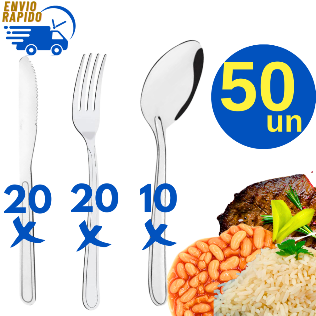 Kit 50 Peças Talher Aço Inox 20 Garfo + 20 Faca + 10 Colher de Sopa para Casas Restaurantes Padaria Bar Pizzaria Buffet