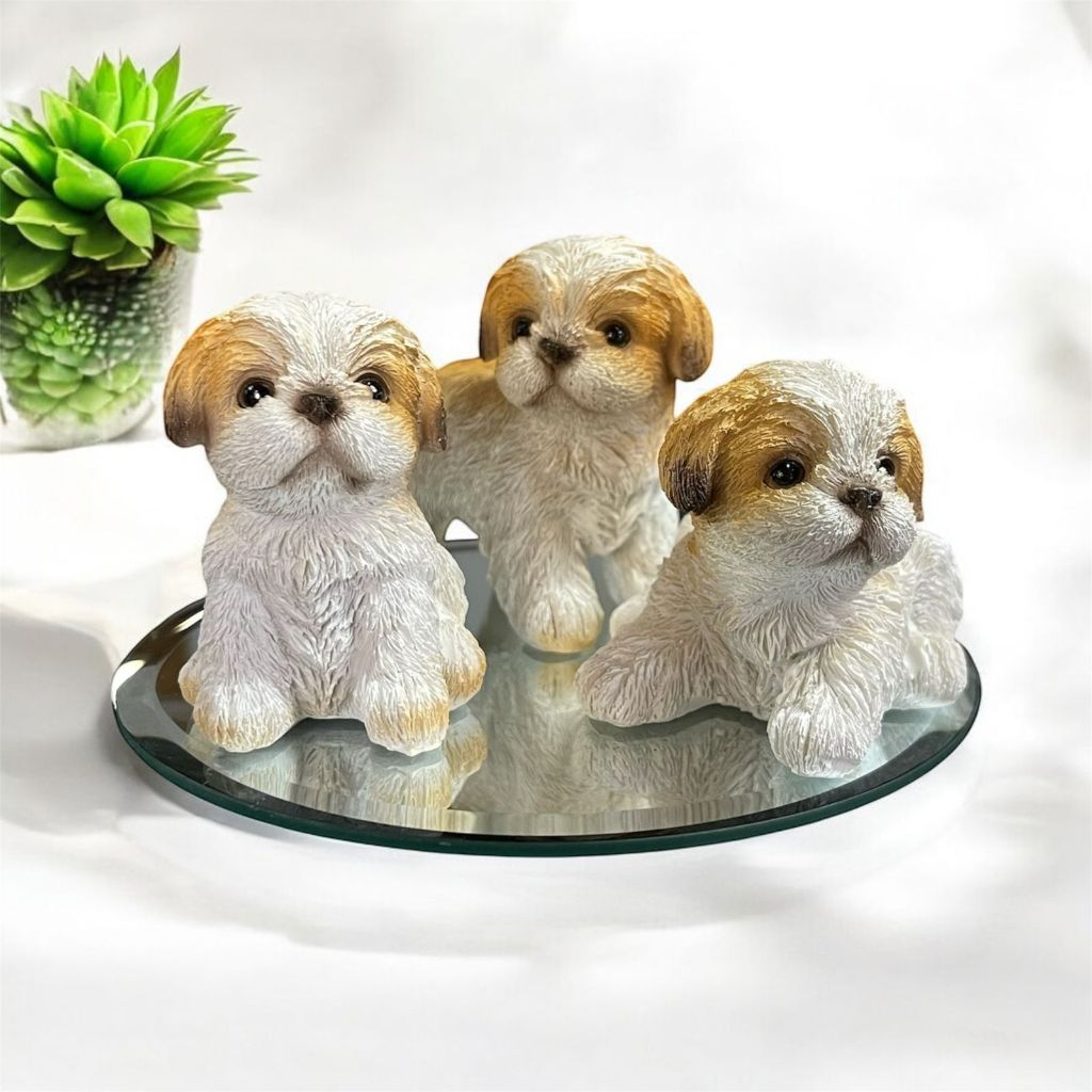 Enfeite C/ 3 Mini Cachorros Em Resina + Bandeja Espelhada Decoração