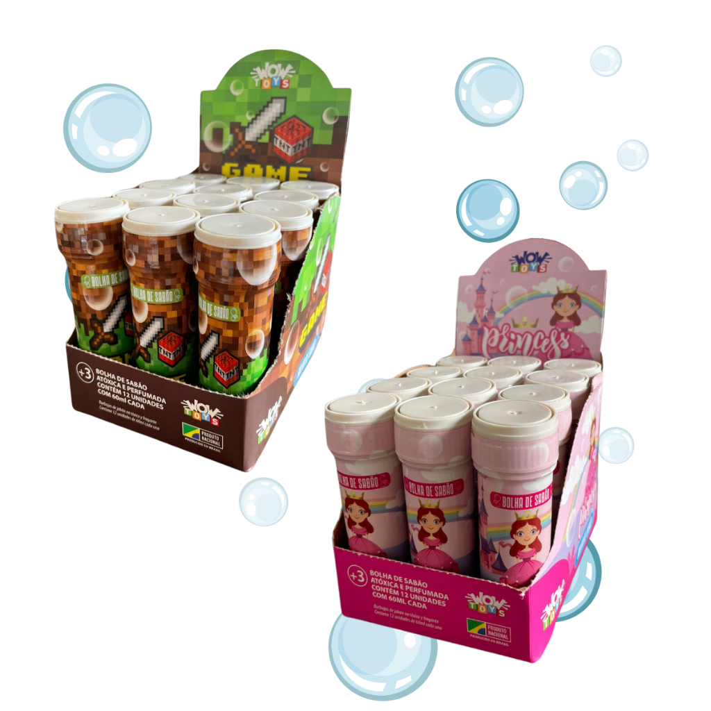Bolinha de Sabão Lembrancinha Kit c/24 - Caixa Fechada - Festa Brinquedo Minecraft Princesas Personalizada Menino Menina