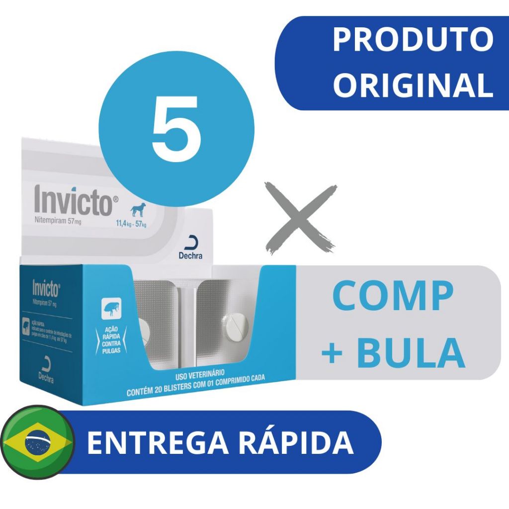5 X Invicto 57mg Antipulgas e Carrapatos para cães Remédio para Pulgas e Carrapatos Alívio de Coceira