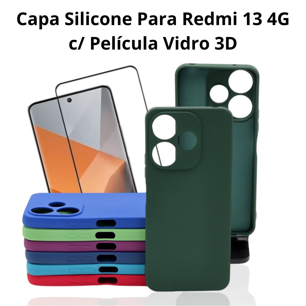 Capa Silicone Aveludada Para Redmi 13 4G Com PeliculaVidro 3D