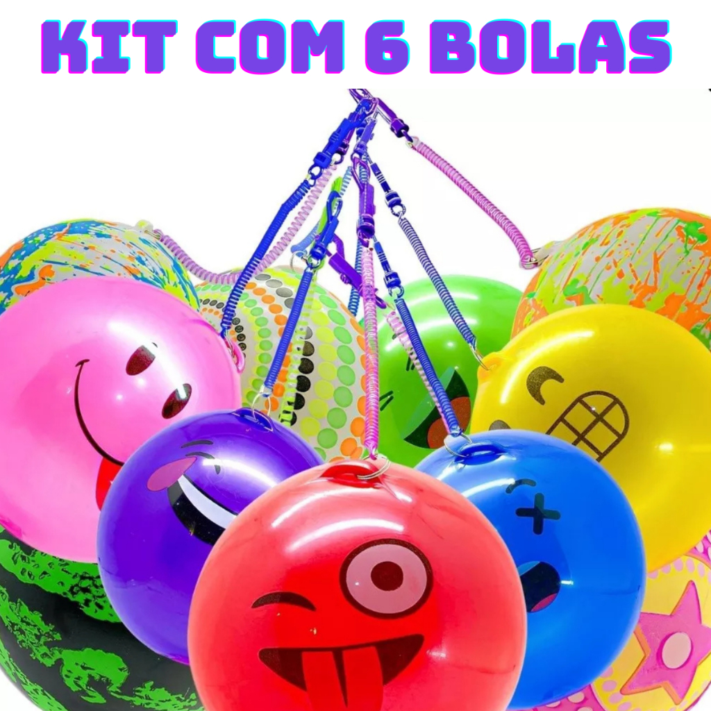 Kit com 6 Bolas de Vinil Borracha Poing Poing com Cordao Mola 23cm Brinquedo Bolas Infantis
