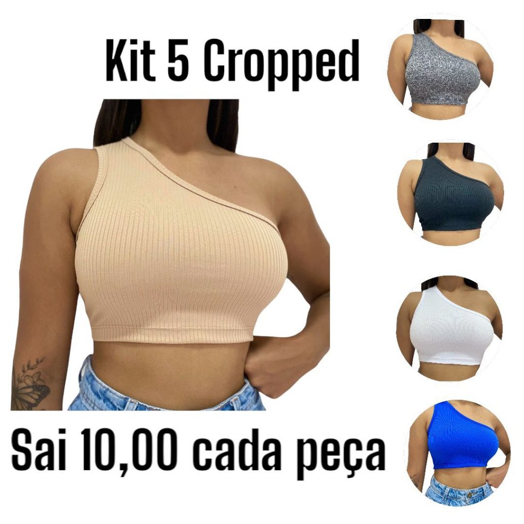 KIT 5 Cropped Feminino Canelado Um Ombro Só Blusinha Básica Feminina Cropet Canelado