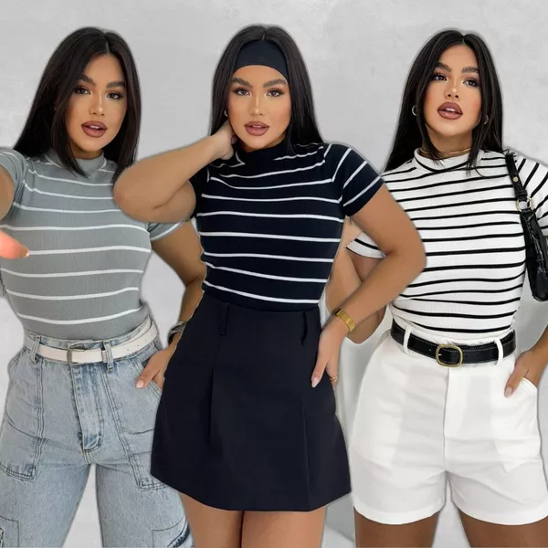 Blusa Básica Listrada Ribana Canelado Premium Casual Basico Camiseta T-Shirt