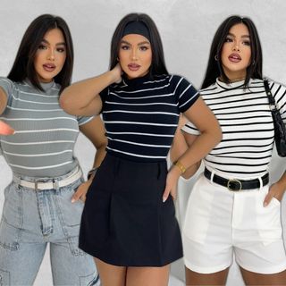 Blusa Básica Listrada Ribana Canelado Premium Casual  Basico Camiseta T-Shirt