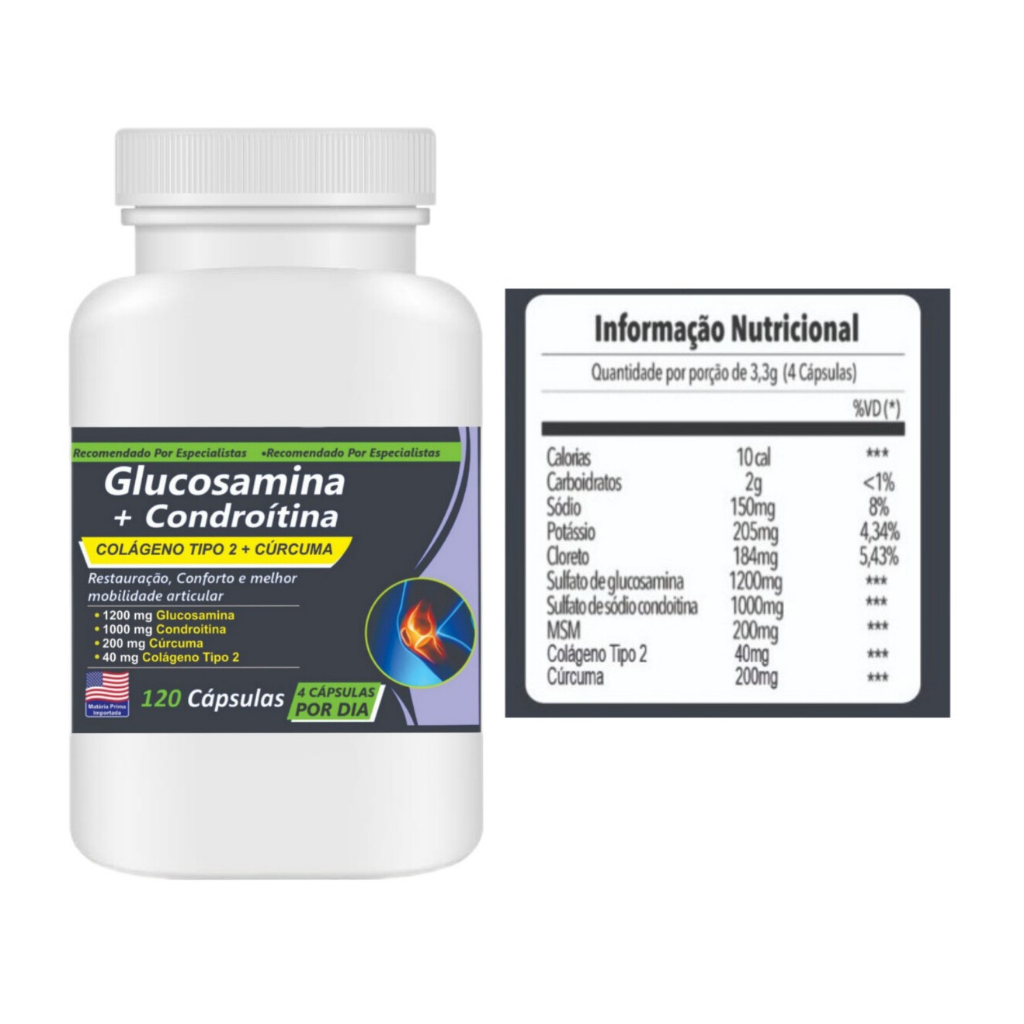 Glucosamina 1200mg e Condroitina 1000mg + Colágeno Tipo 2  - 120 Cápsulas