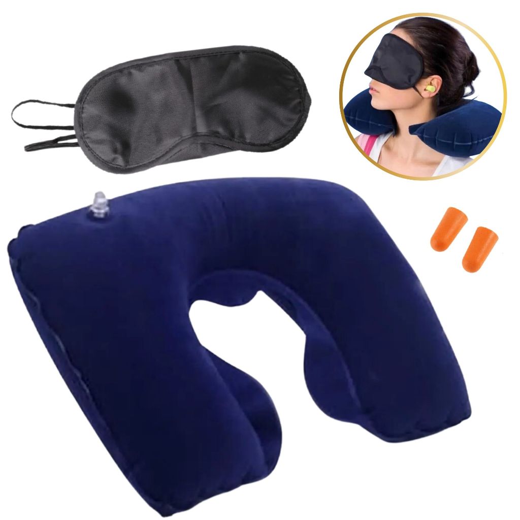 Kit de Viagem Almofada de Pescoço Máscara de Olhos e Protetor Auricular Conjunto De Almofada De Viagem Inflável