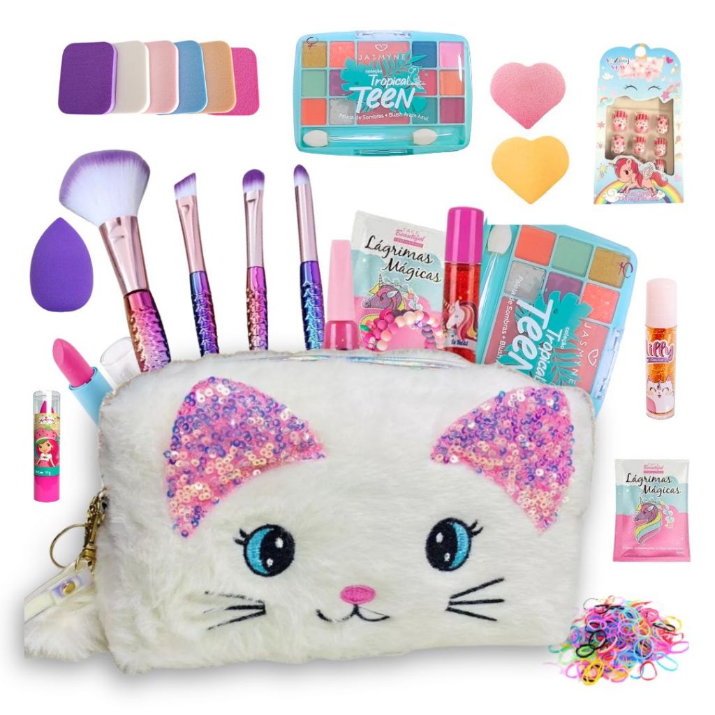 Kit Maquiagem infantil 11 itens no total Com Bolsinha Necessaire e Pincéis em Oferta na Shopee