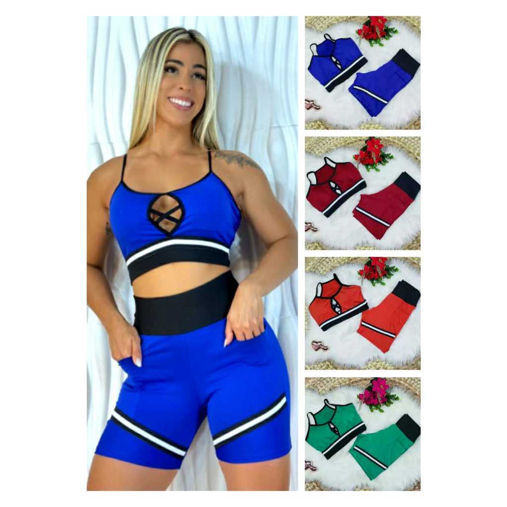 Conjunto Short e Top Fitness Feminino Academia Suplex com Elásticos e Bolsos Laterais