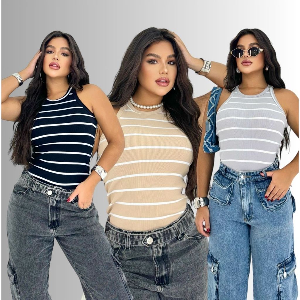 Regata Feminina listrada  Canelada Blusinha Básica nadador verão 2025 em Oferta na Shopee