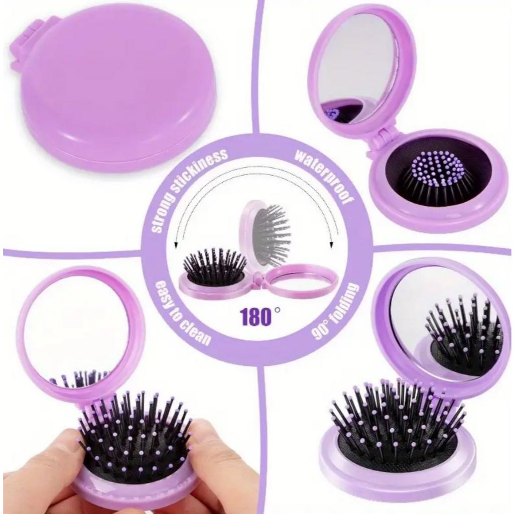 KIT 3 Peças Mini Escova de Cabelo Dobrável Com Espelho - Portátil e Perfeita Para Bolsa - Entrega Pronto