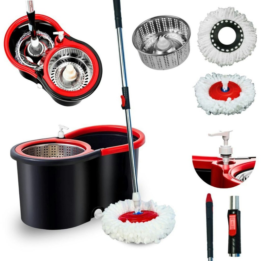 Mop Giratório Vermeho - Com Cabo 140 cm + Cesto de Inox + Refil + Dispensador - BRX