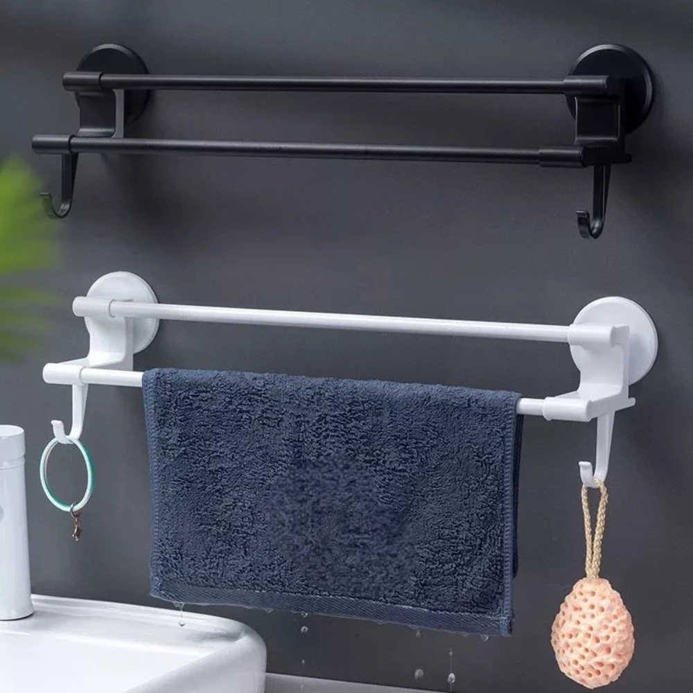 Porta Toalha Para Banheiro DUPLA CAMADA COM GANCHOS Sem Furo Com Suporte De Adesivos Multiuso em Oferta na Shopee