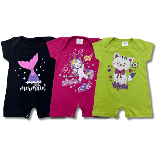Kit 3 Peças Macaquinho Romper Feminino/Menina Banho de Sol Bebe Manga Curta Estampado 100% Algodão